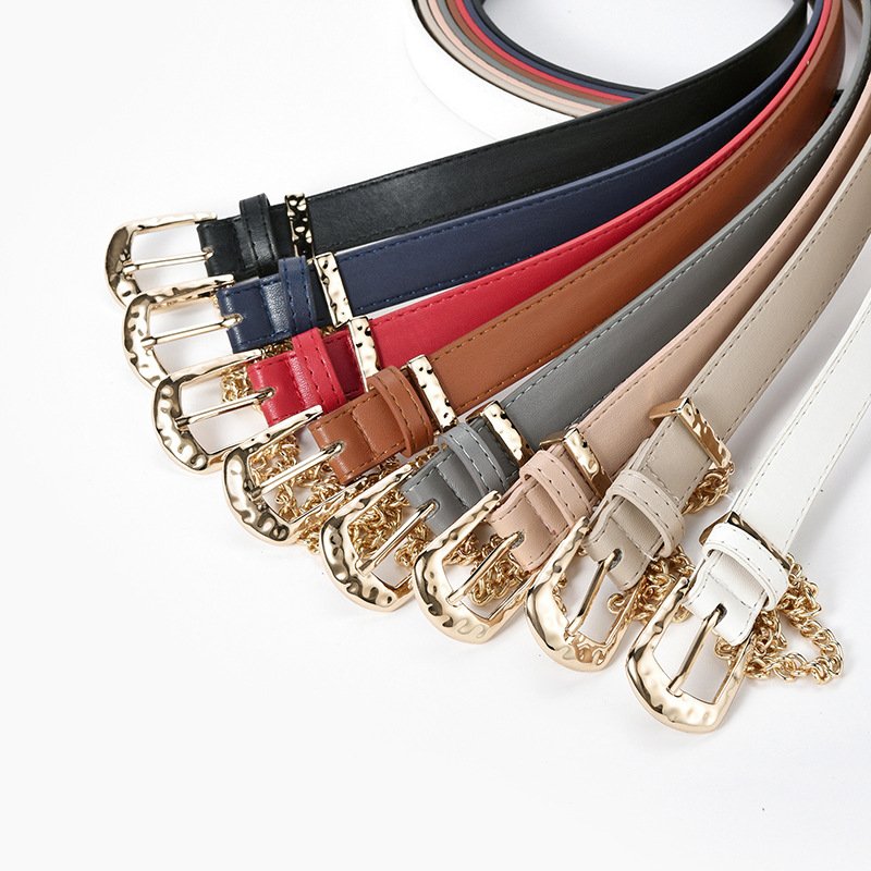 New Design Alloy Buckle Women Belts With Short Chain Hign Quality Pu Leather Waistband Jeans Accessories Y2K Style