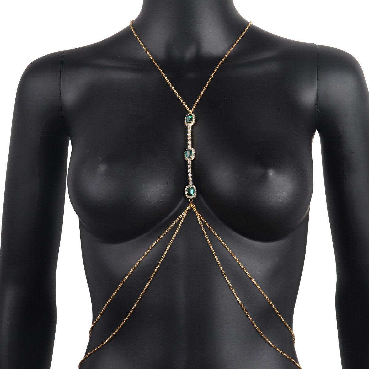 Wholesale 18K Gold Plated Claw Inlay Green Rectangle Crystal Rhinestone Sexy Fashion Adjustable Body Chain Women Girls