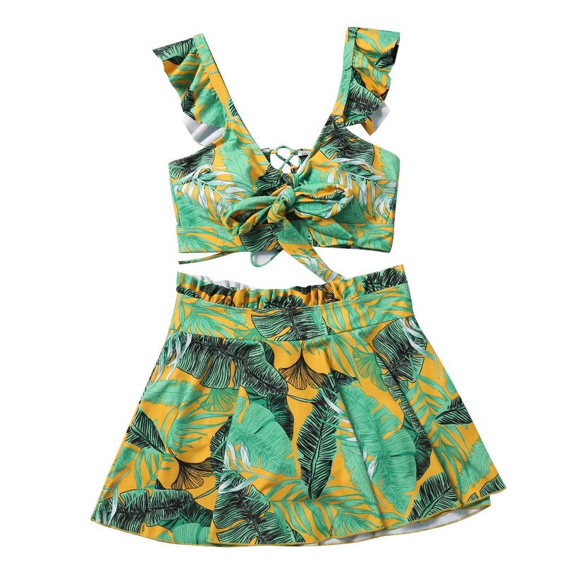 Hot Couples Swimwear Ruffle-Sleeve Two-Piece Tropical Plant Printed Bathing Suit And Swim Trunks For Couple