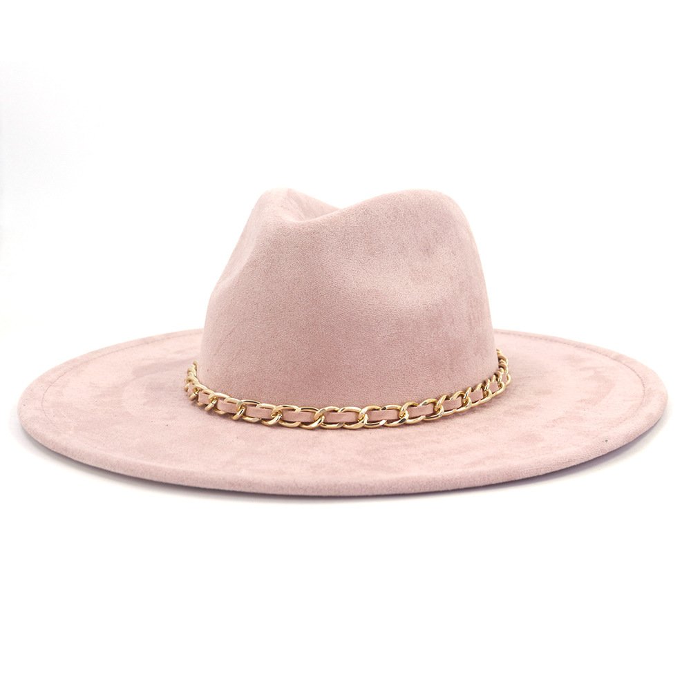 Women Suede Felt Fedora Hat Wide Brim Panama Hat Suede Wool Fedora Hat-Fashionable Cap with Chain Band