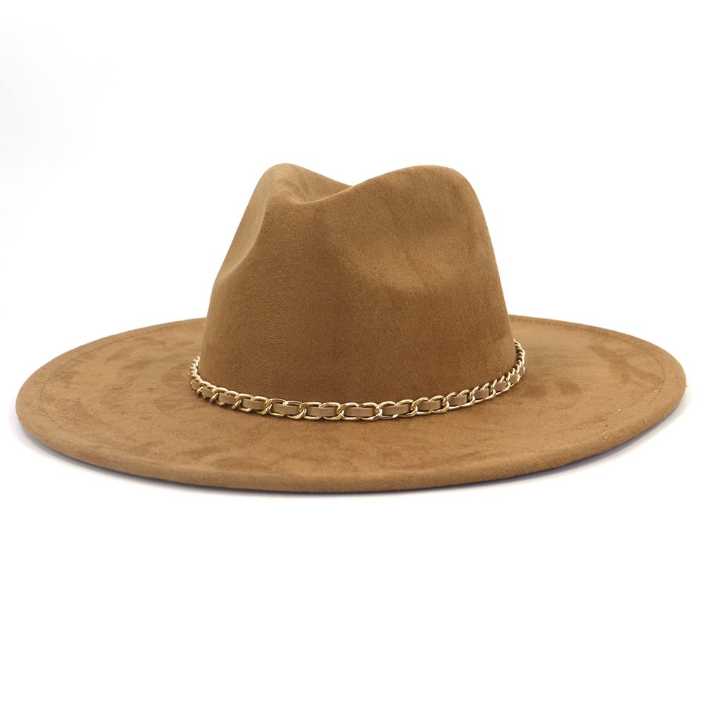 Women Suede Felt Fedora Hat Wide Brim Panama Hat Suede Wool Fedora Hat-Fashionable Cap with Chain Band