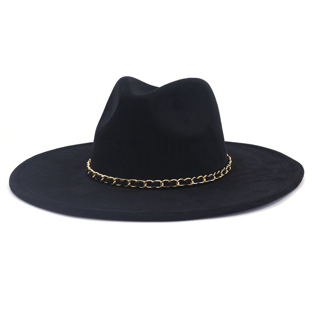 Women Suede Felt Fedora Hat Wide Brim Panama Hat Suede Wool Fedora Hat-Fashionable Cap with Chain Band