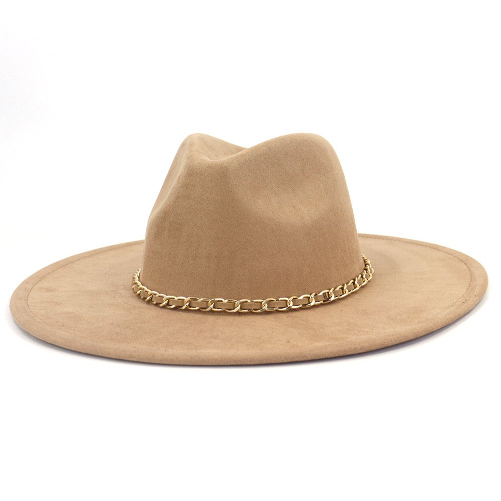 Women Suede Felt Fedora Hat Wide Brim Panama Hat Suede Wool Fedora Hat-Fashionable Cap with Chain Band