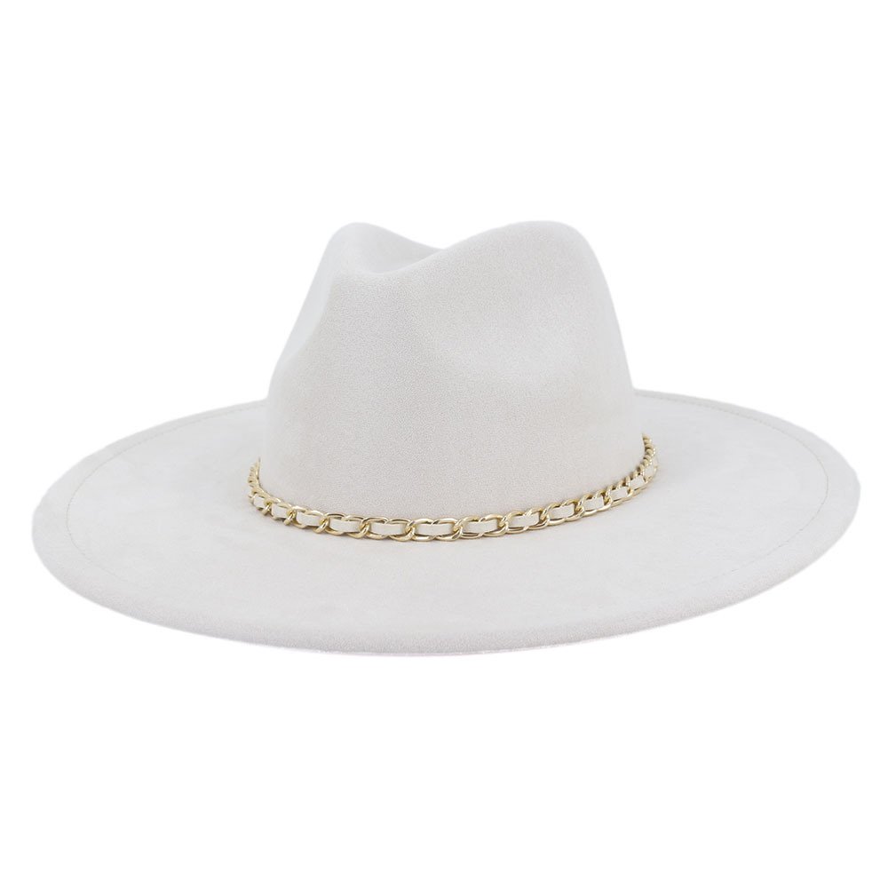 Women Suede Felt Fedora Hat Wide Brim Panama Hat Suede Wool Fedora Hat-Fashionable Cap with Chain Band