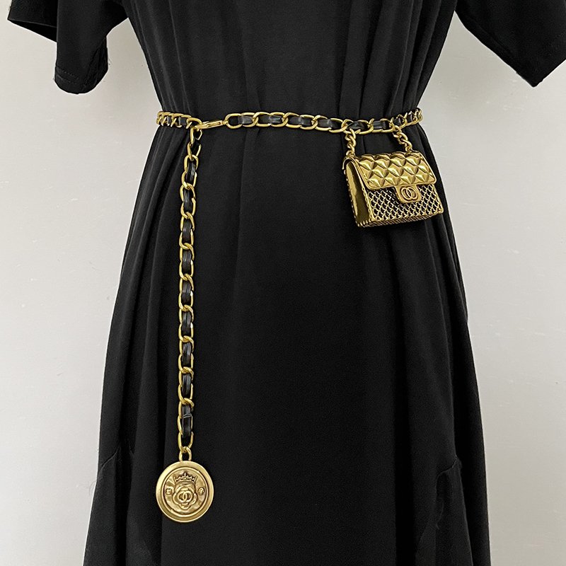 New Designs Black Gold Woven Leather Chain Belt Metal Waist Chain Small Bag Pendant Belt