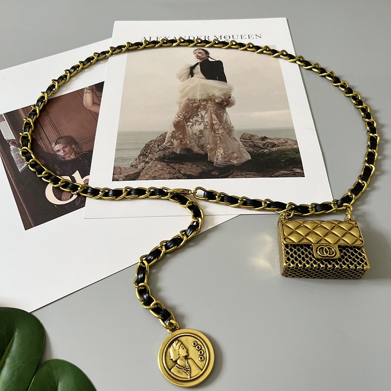 New Designs Black Gold Woven Leather Chain Belt Metal Waist Chain Small Bag Pendant Belt