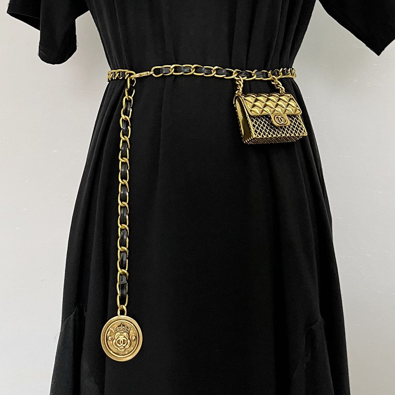 New Designs Black Gold Woven Leather Chain Belt Metal Waist Chain Small Bag Pendant Belt