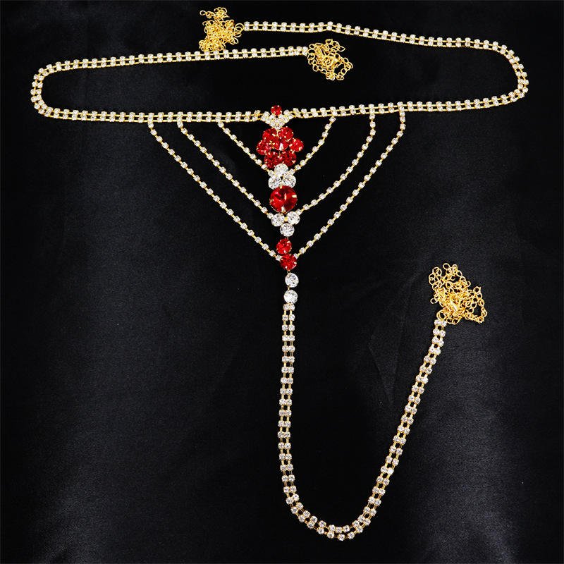 JRIS Hot Sexy Bikini Lingerie Red Crystal Women Thong Panties Body Chain Jewelry Bling Rhinestone Thong Belt Belly Chains