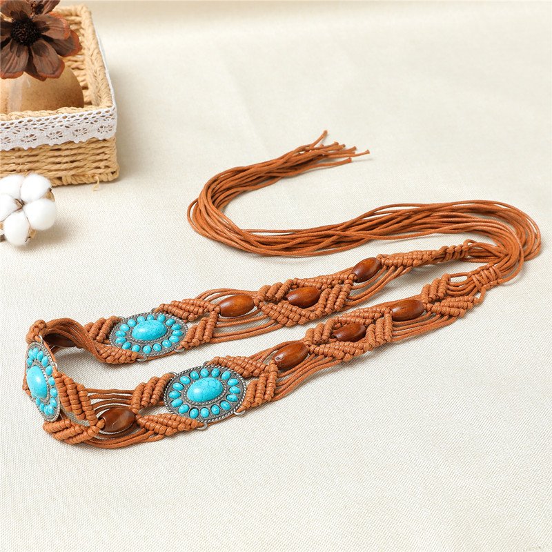 Western bohemian ethic navajo cowgirl handmade braid woven Turquoise waist chain belt buckle