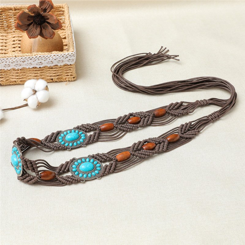 Western bohemian ethic navajo cowgirl handmade braid woven Turquoise waist chain belt buckle