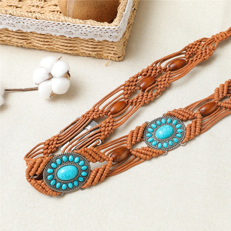 Western bohemian ethic navajo cowgirl handmade braid woven Turquoise waist chain belt buckle