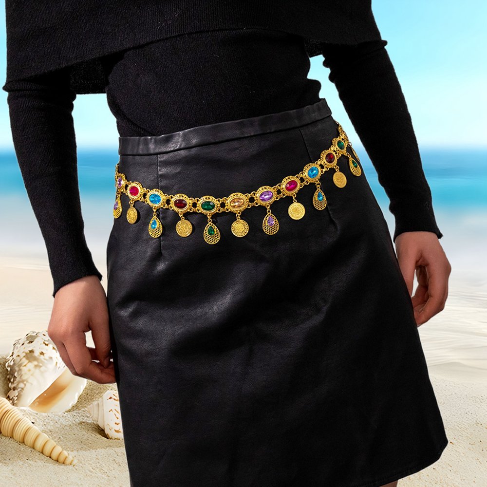 New Fashion Afghan Waistband Jewelry Bohemian Colored Acrylic Gems Gold Color Droplet Coin Tassel Waist Chain Belt For Women