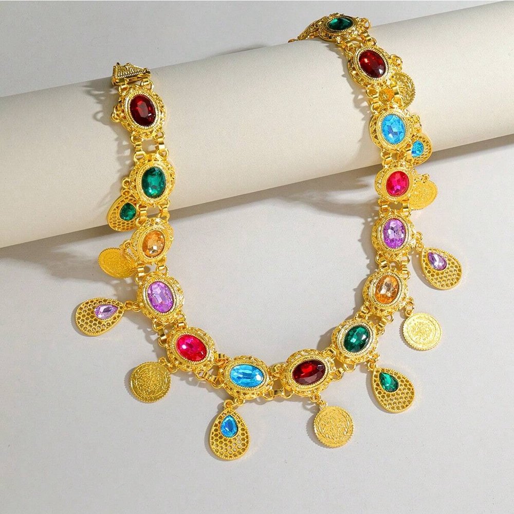 New Fashion Afghan Waistband Jewelry Bohemian Colored Acrylic Gems Gold Color Droplet Coin Tassel Waist Chain Belt For Women