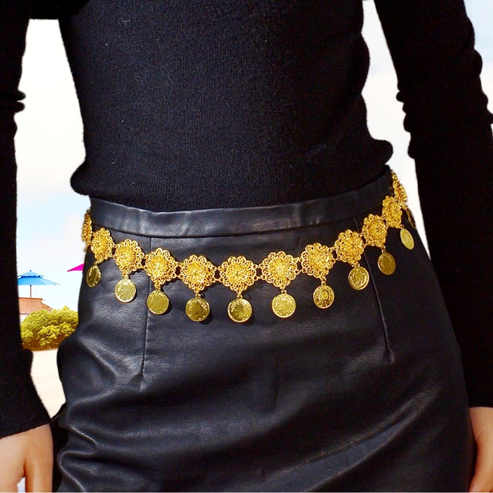 New Fashion Afghan Waistband Jewelry Bohemian Colored Acrylic Gems Gold Color Droplet Coin Tassel Waist Chain Belt For Women