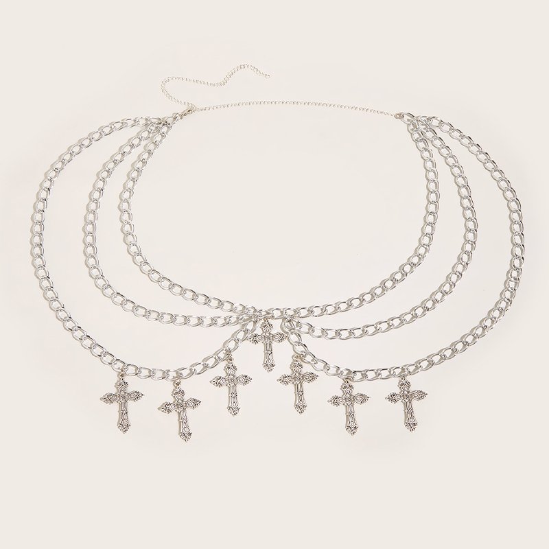 Adult Gothic Ankh Belly Body Chain Adjustable Punk Silver Cross Waist Belt