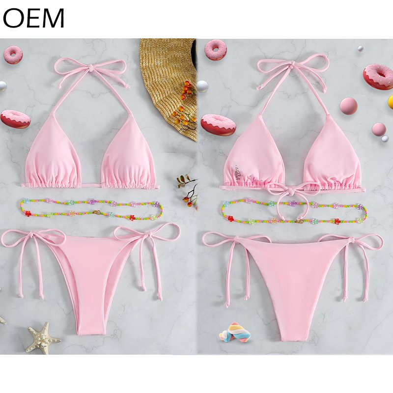 18 Teen Xxx Hot Sexy Bikini Young Girl Swimwear 2 Piece Set Halter Tie Side Triangle Swimsuits With Candy Color Waist Chain