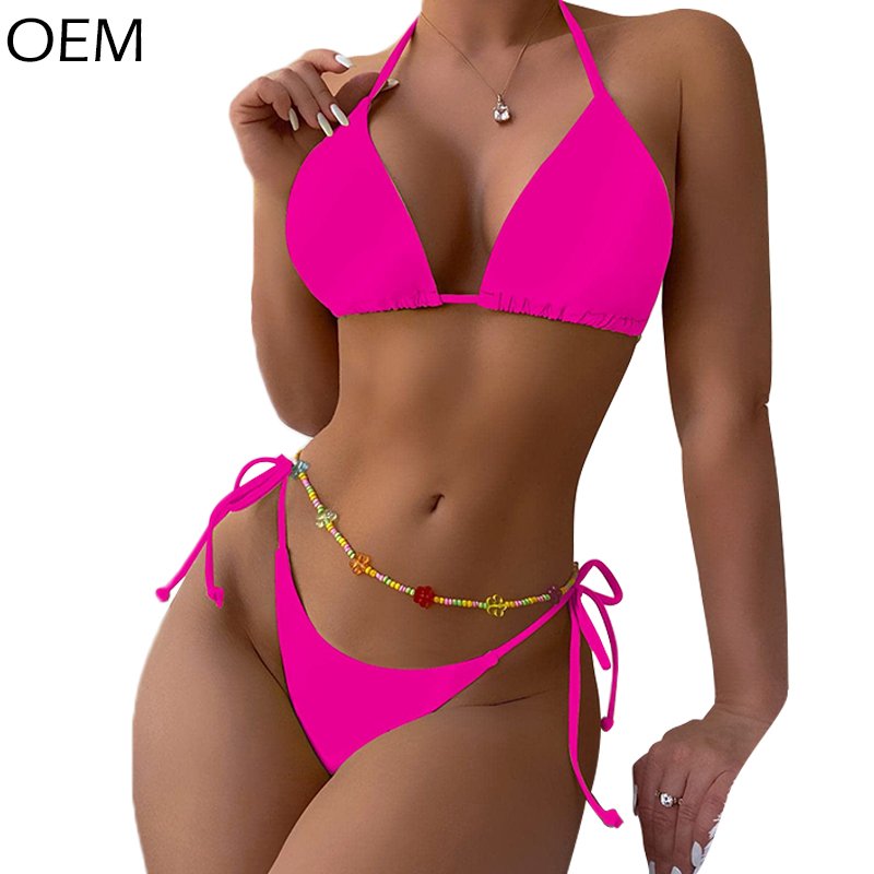 18 Teen Xxx Hot Sexy Bikini Young Girl Swimwear 2 Piece Set Halter Tie Side Triangle Swimsuits With Candy Color Waist Chain