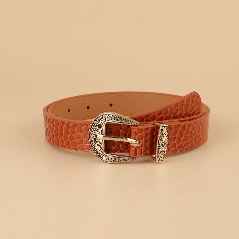 Women's Crocodile Leather Pattern Belt Carved Floral Pin Buckle Belt Dress Jeans Decoration Belt