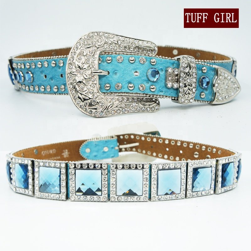 Sky blue Leather Cowgirl Prism Cut Stone Conchos Western Dress Leather Belt For Women 115cm