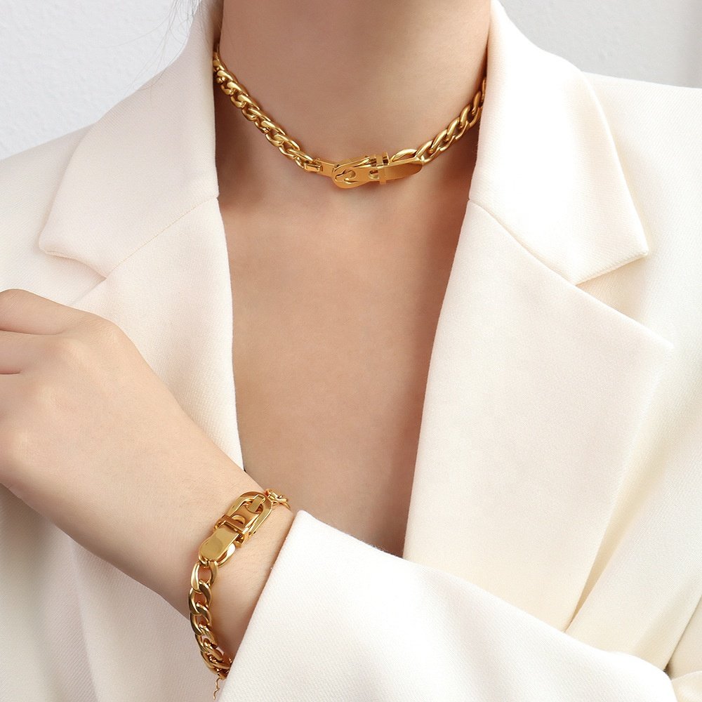 Custom Fashion Jewelry Sets 18K Gold Plated Stainless Steel U-shape Buckle Cuban Chain Bracelet and Necklace Sets For Women