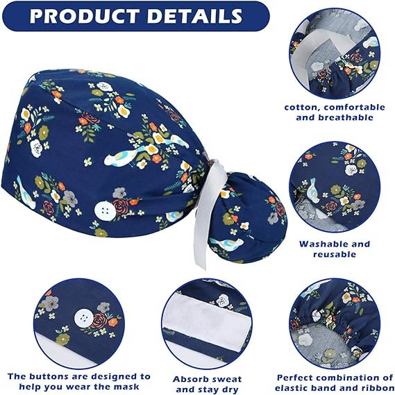 Custom Scrub Doctor Nursing Hats Buttons Adjustable Bouffant Nurse Ponytail Turban Hat Medical Cloth Scrub Cap for Nurses