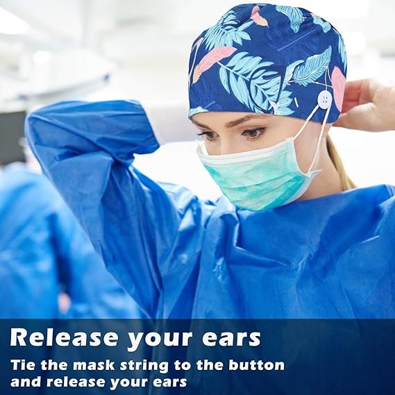 Custom Scrub Doctor Nursing Hats Buttons Adjustable Bouffant Nurse Ponytail Turban Hat Medical Cloth Scrub Cap for Nurses