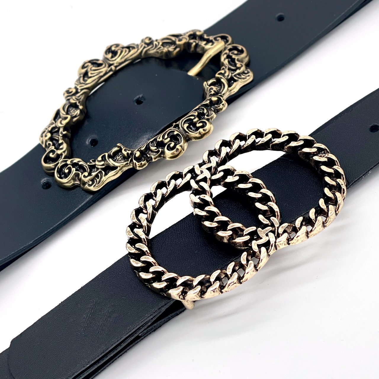 Luxury quality Real Leather Fashion Woman Belt Made in Italy with oldbrass double chain ring buckle
