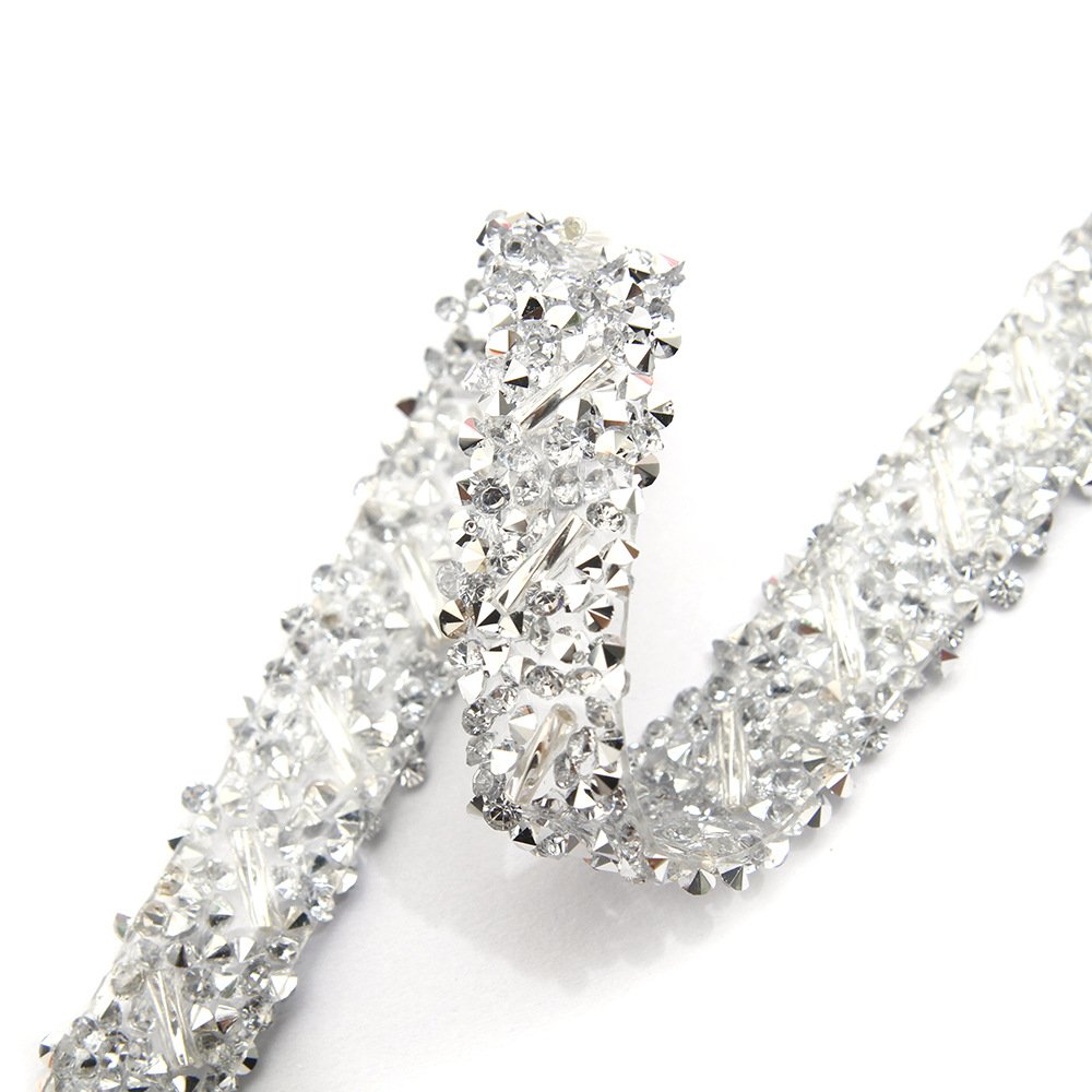 Customized 2 Rows Rhinestone Applique With Metal Beads Chain Hot Fix Trim Iron On Belt Clothing Diy Accessories Crystal Banding