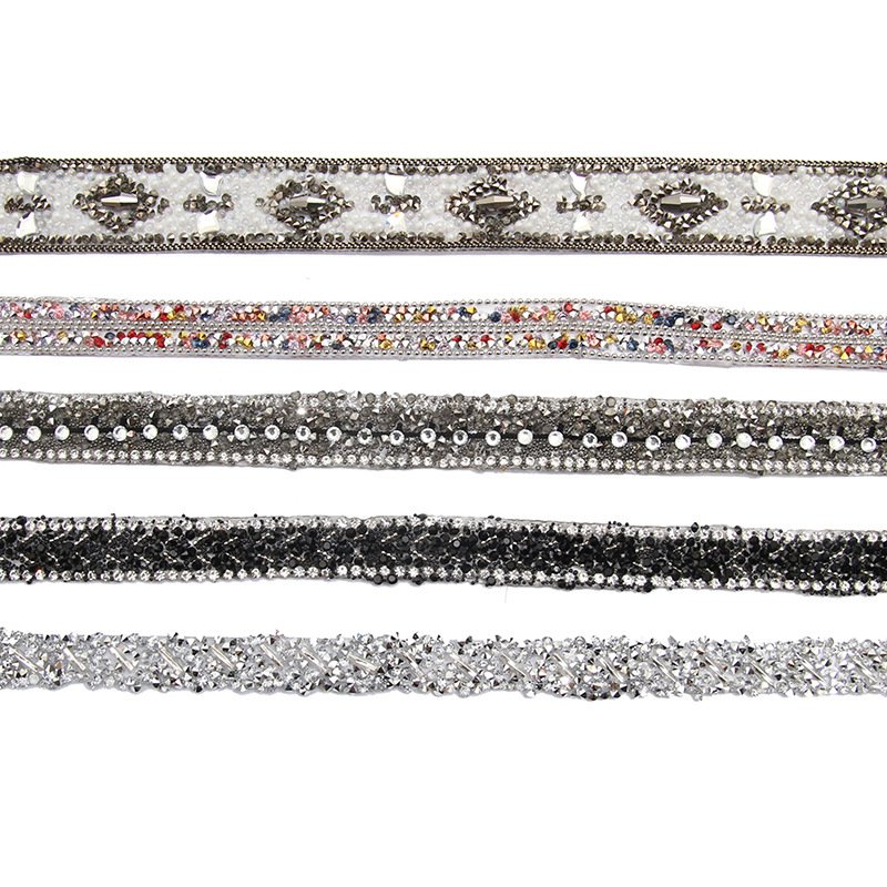 Customized 2 Rows Rhinestone Applique With Metal Beads Chain Hot Fix Trim Iron On Belt Clothing Diy Accessories Crystal Banding