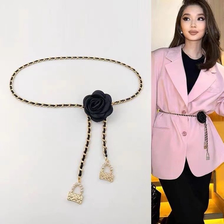 JOJO Camellia Flower Pearl Waist Chain Black Flower Hundred Dress Belt Tops Waist Chain Decoration