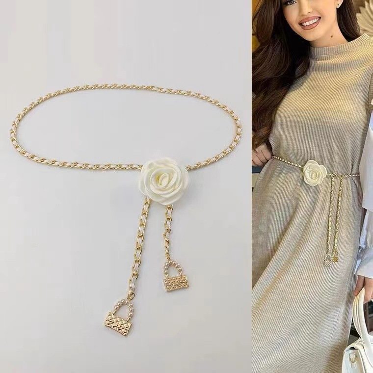 JOJO Camellia Flower Pearl Waist Chain Black Flower Hundred Dress Belt Tops Waist Chain Decoration