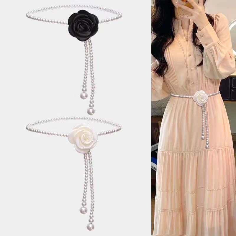 JOJO Camellia Flower Pearl Waist Chain Black Flower Hundred Dress Belt Tops Waist Chain Decoration