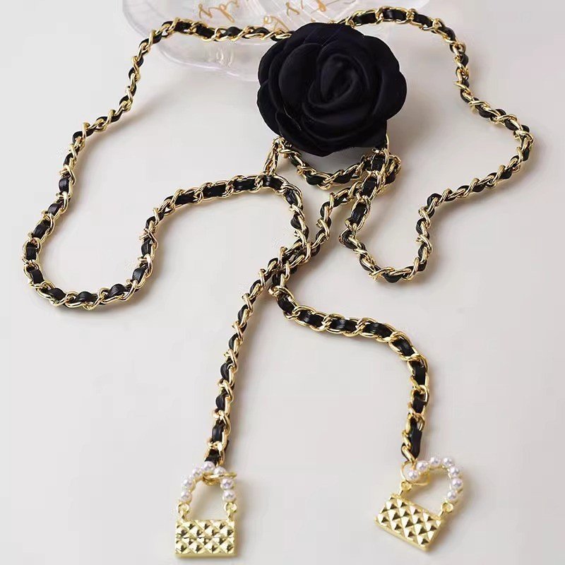 JOJO Camellia Flower Pearl Waist Chain Black Flower Hundred Dress Belt Tops Waist Chain Decoration