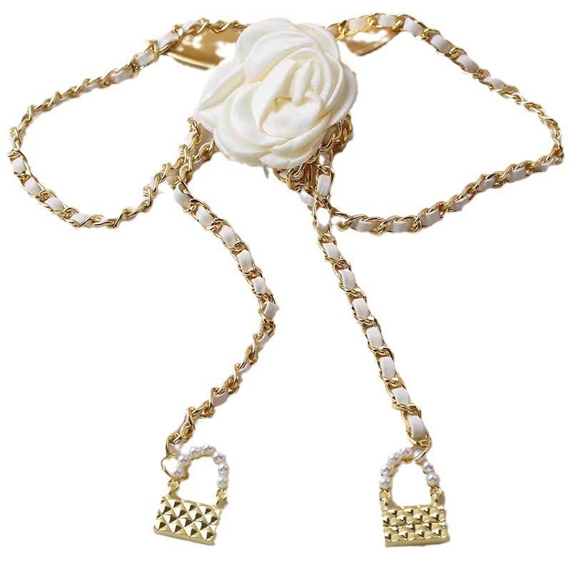 JOJO Camellia Flower Pearl Waist Chain Black Flower Hundred Dress Belt Tops Waist Chain Decoration