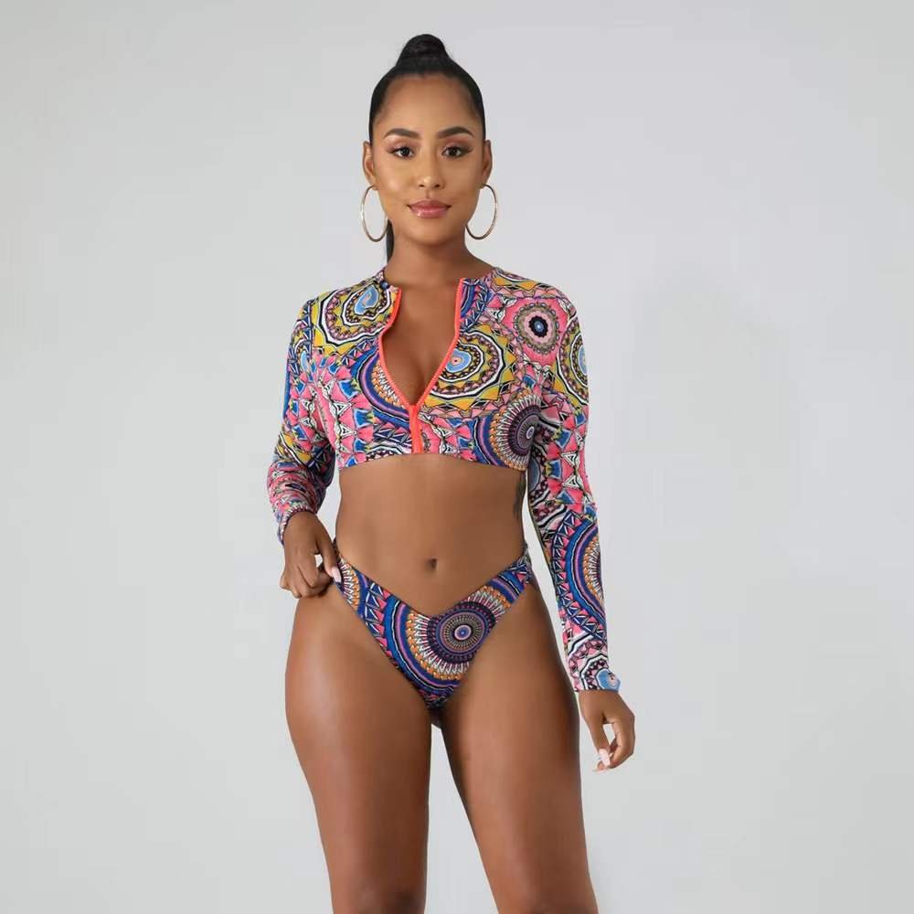 2024 New long-sleeved zipper bikini high-waisted women's two-piece swimwear conservative sun protection beach swimwear