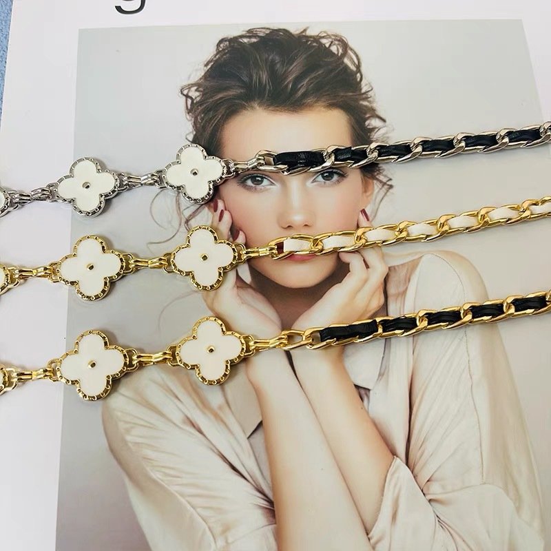 Latest Catalog Designer Leather Belts Classic Leather Chain Belts Famous Four Leaf Clover Belts Adjustable Women Waist Chain