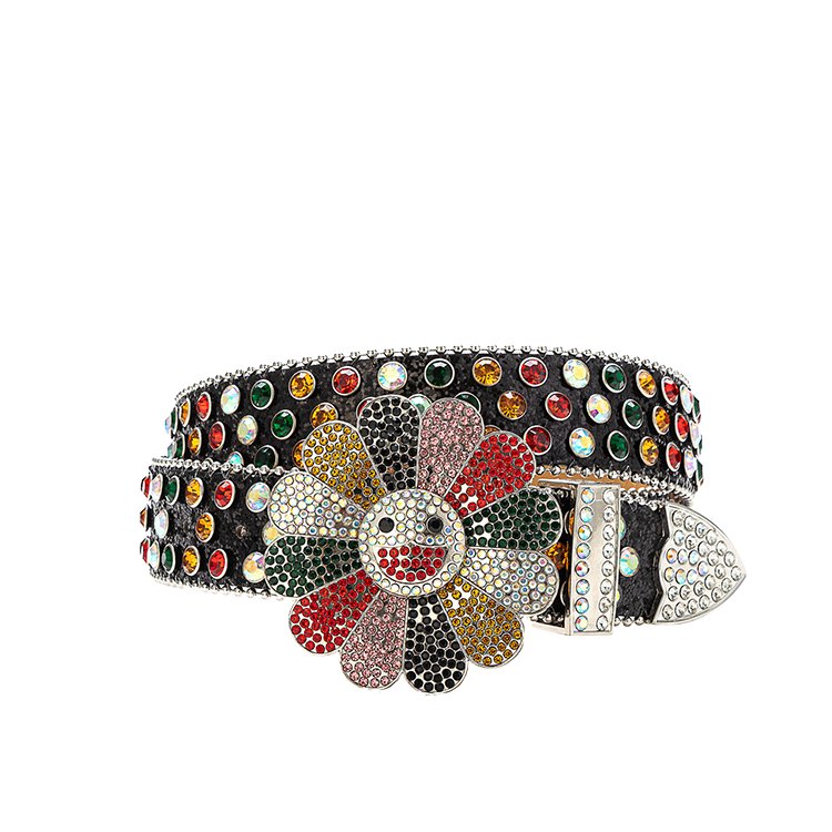 Popular Stock Cow Hide Belt with Diamond Shining Rhinestone Flower Hip Hop Rotating Buckle Jeans Made of PU Leather and Alloy