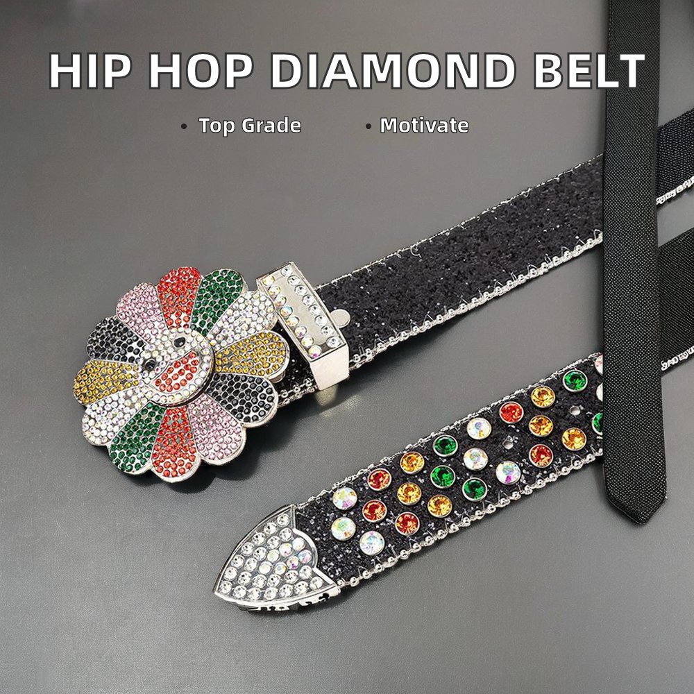 Popular Stock Cow Hide Belt with Diamond Shining Rhinestone Flower Hip Hop Rotating Buckle Jeans Made of PU Leather and Alloy
