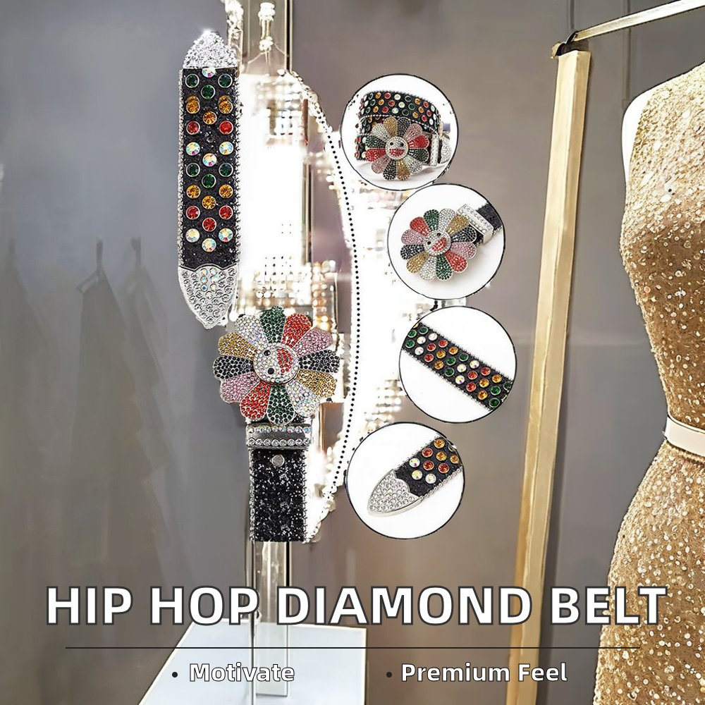 Popular Stock Cow Hide Belt with Diamond Shining Rhinestone Flower Hip Hop Rotating Buckle Jeans Made of PU Leather and Alloy