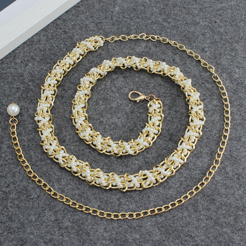On Promotion 2021 New Hot sale women white pearl metal chian for girls dresses suits most waist big plus size belt