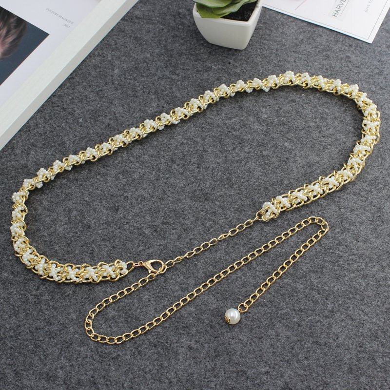 On Promotion 2021 New Hot sale women white pearl metal chian for girls dresses suits most waist big plus size belt