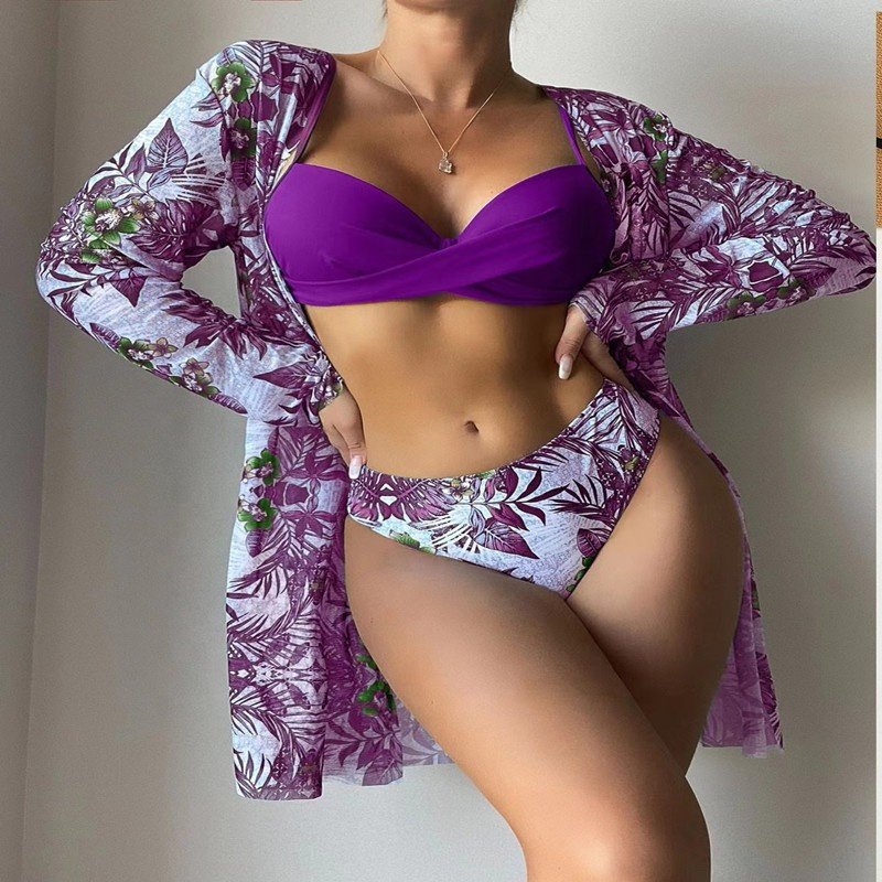 2022 new beautiful and generous women's three-piece set of smock long-sleeved bikini beach swimsuit