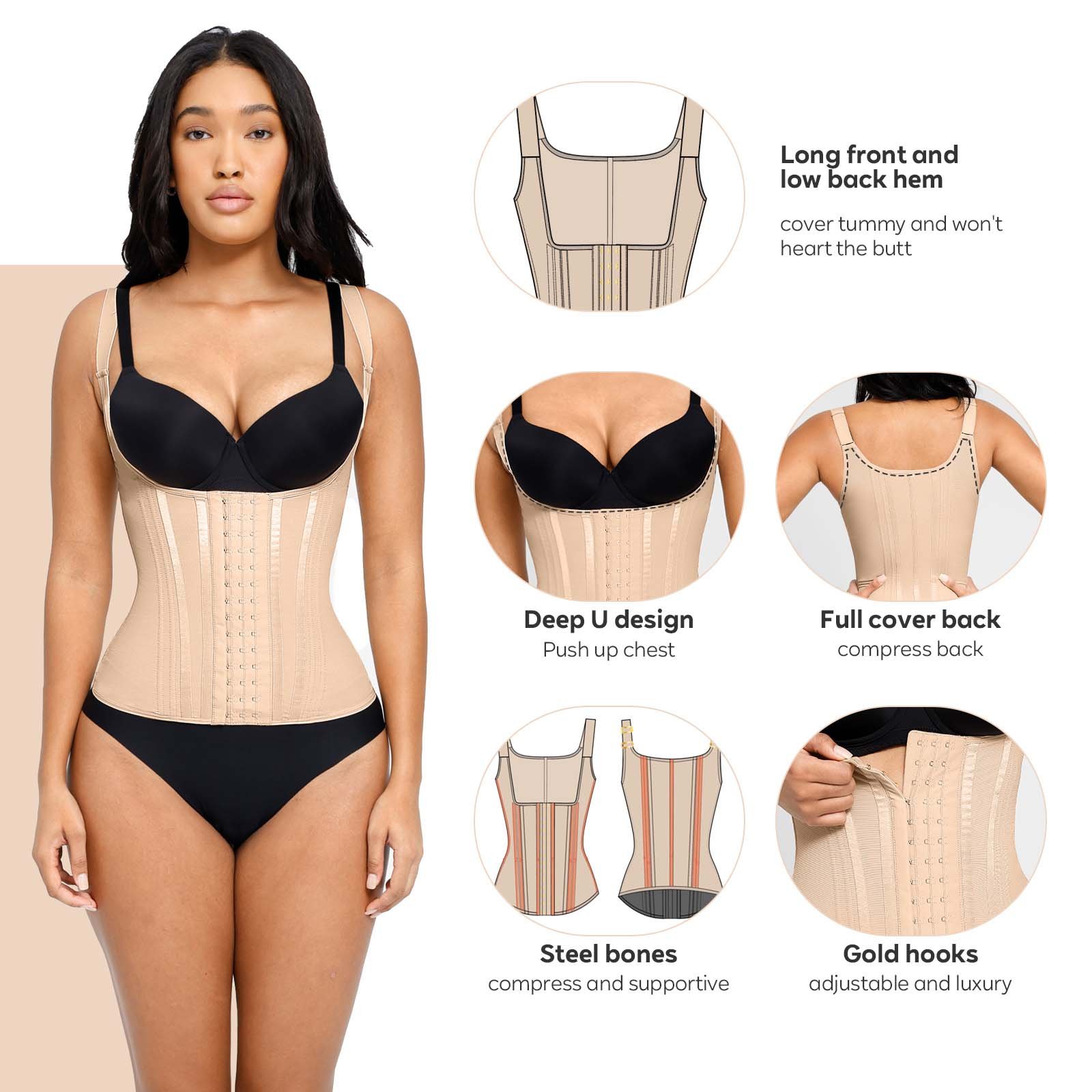 Hexin High Quality Custom Logo Latex 15 Steel Boned Hooks Women Body Slimming Waist Trainer Belt Tummmy Control Body Shaper Vest