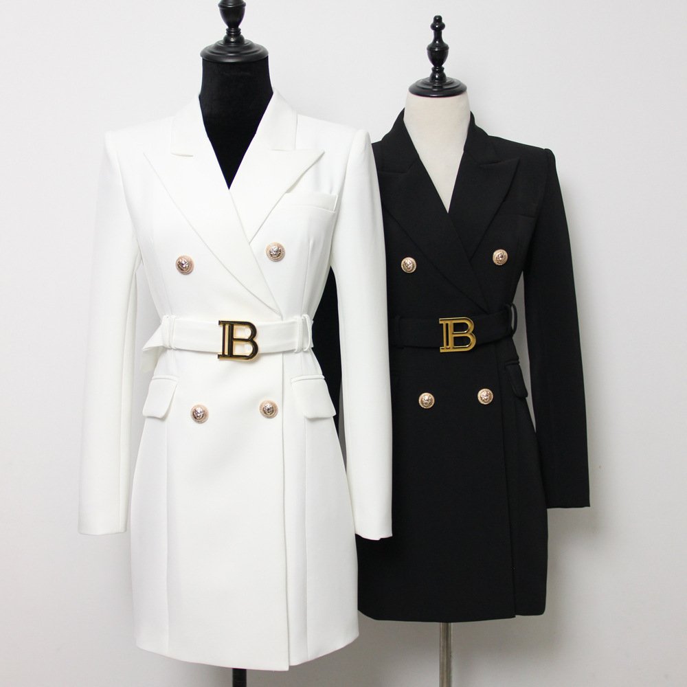 High Quality Coat Fashion Office Wear Double Breasted Blue Blazers Ladies Women Long Sleeve Office Ladies Blazer Dress With Belt