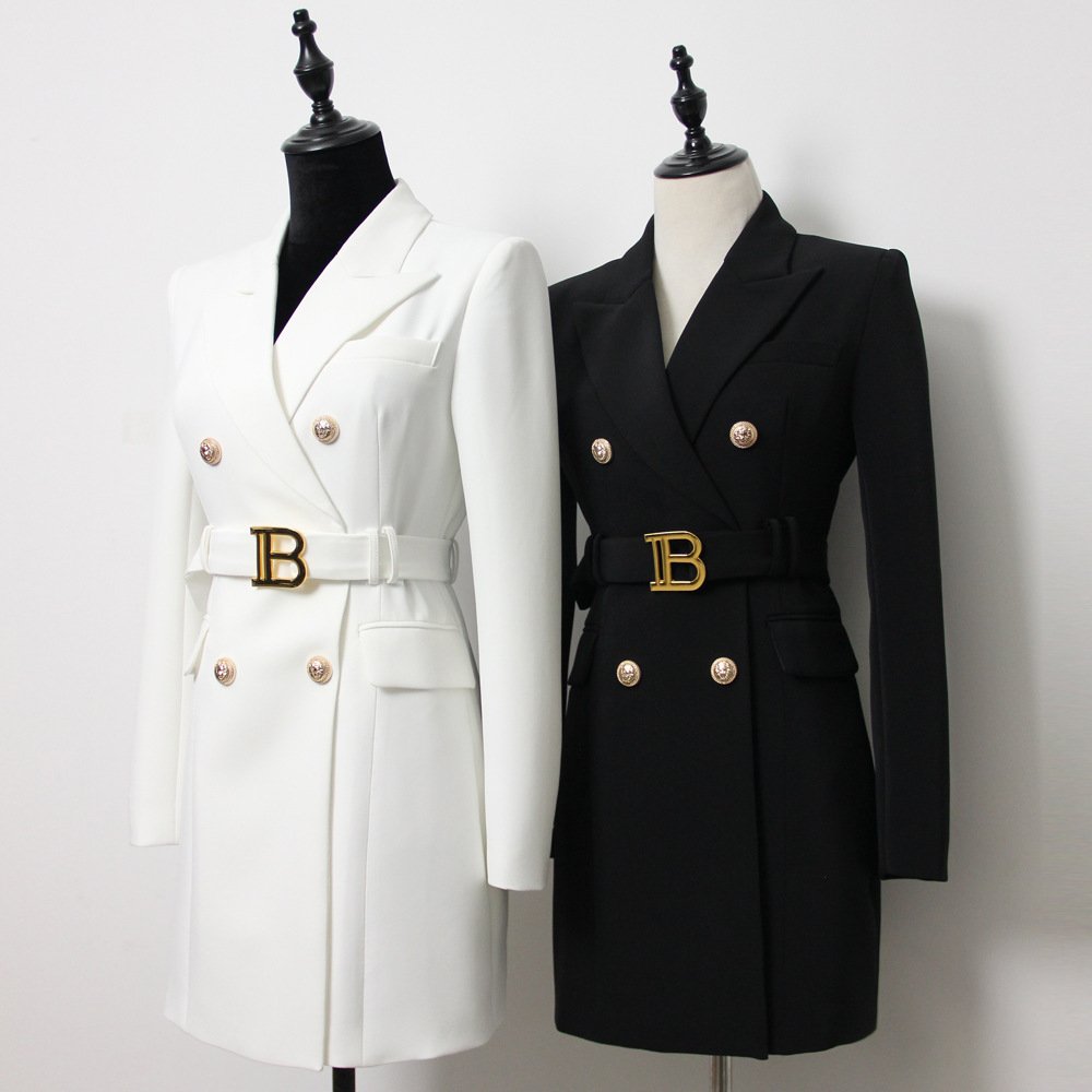 High Quality Coat Fashion Office Wear Double Breasted Blue Blazers Ladies Women Long Sleeve Office Ladies Blazer Dress With Belt