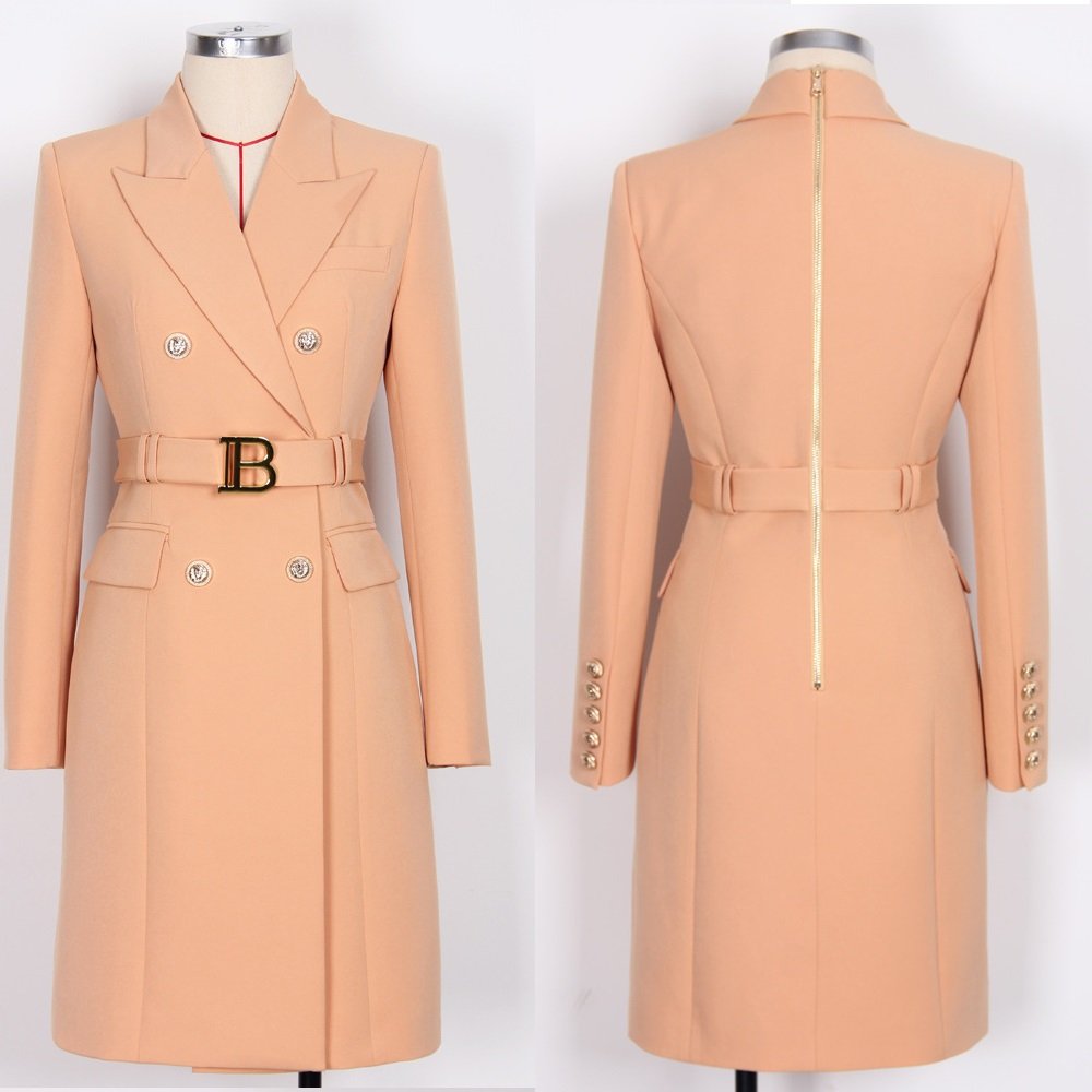 High Quality Coat Fashion Office Wear Double Breasted Blue Blazers Ladies Women Long Sleeve Office Ladies Blazer Dress With Belt