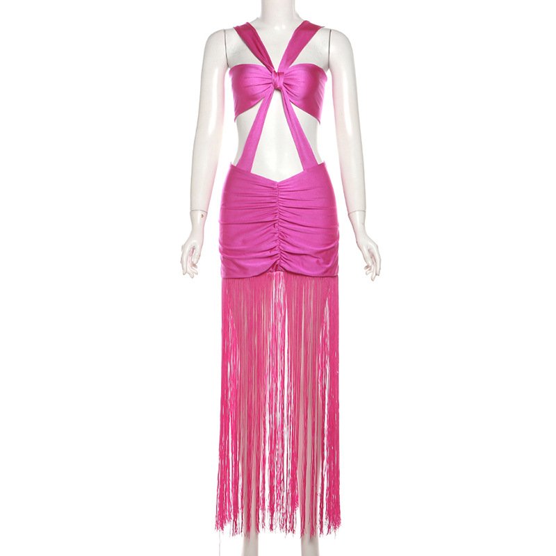 STOCK Bandeau Top Shinny Women's Dress Tassel Party Dress Beachwear