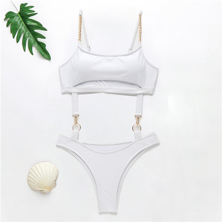 2024 Swimsuit White Chain Buckle Bikini cutout White Sexy One Piece Swimwear Bathing Suits for Women