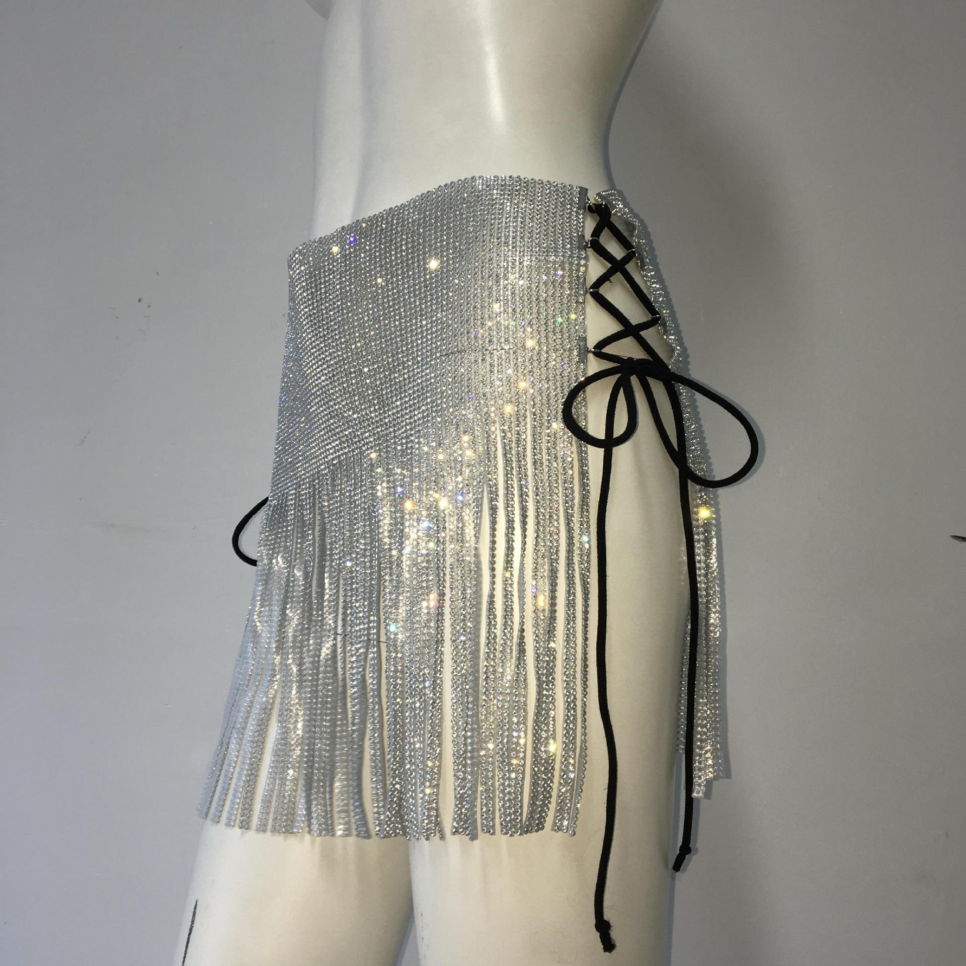 Women Rhinestone Chain Waist Belt Jewelry Silver Chic Diamond Tassels Skirt Side Lace Up Miniskirt With Metal Chain Fringe