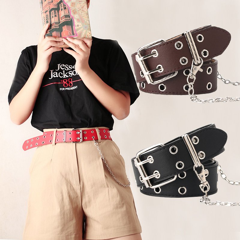 Women Cheap Punk Chain Fashion Belt Adjustable Double Rows Hole Eyelet Waistband with Eyelet Chain Decorative Belts